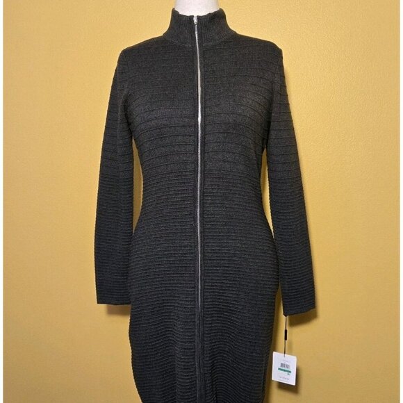 Calvin Klein Dresses & Skirts - Calvin Klein Sweater Dress Women L Grey Ribbed Full Double Zip Mock Office NWT